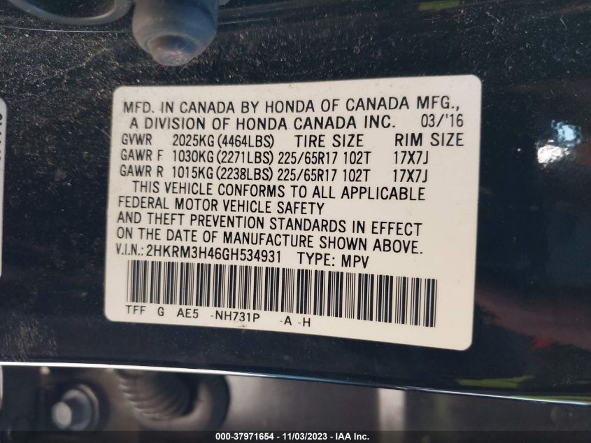 2016 HONDA CR-V SE - 2HKRM3H46GH534931