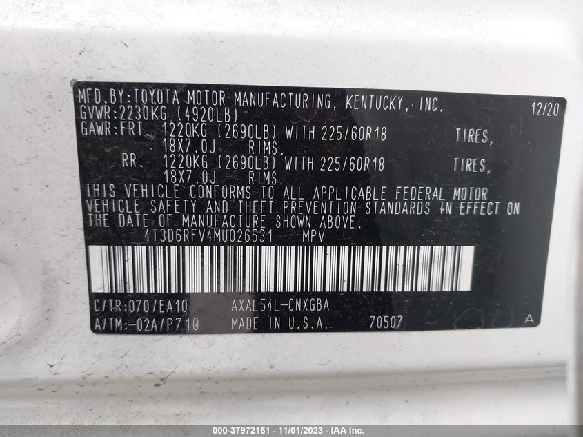 VIN 4T3D6RFV4MU026531 2021 TOYOTA RAV4 LIMITED HYBRID
