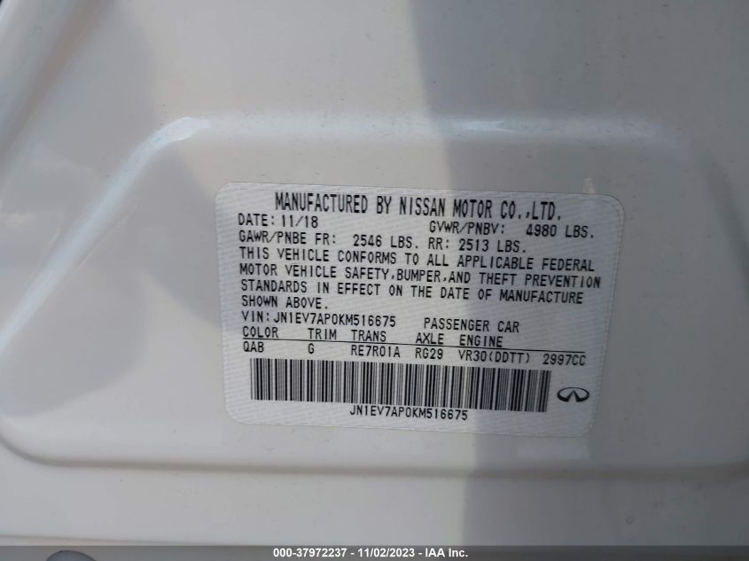 VIN JN1EV7AP0KM516675 2019 INFINITI Q50 3.0T LUXE