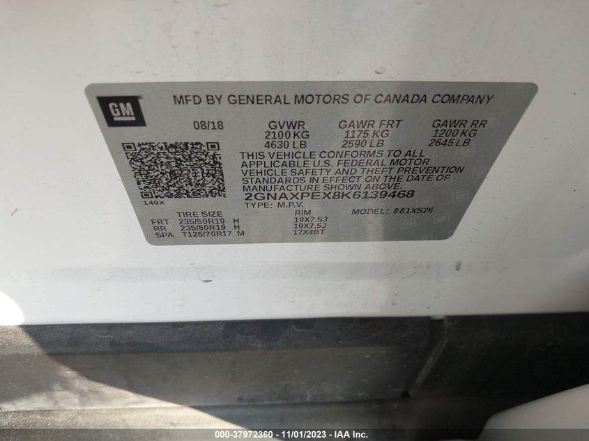 VIN 2GNAXPEX8K6139468 2019 CHEVROLET EQUINOX PREMIER