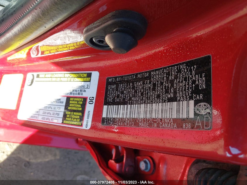 VIN 2T1BURHEXHC906675 2017 TOYOTA COROLLA LE