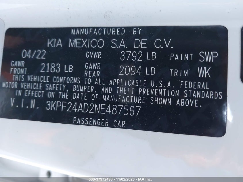 VIN 3KPF24AD2NE487567 2022 KIA FORTE LXS