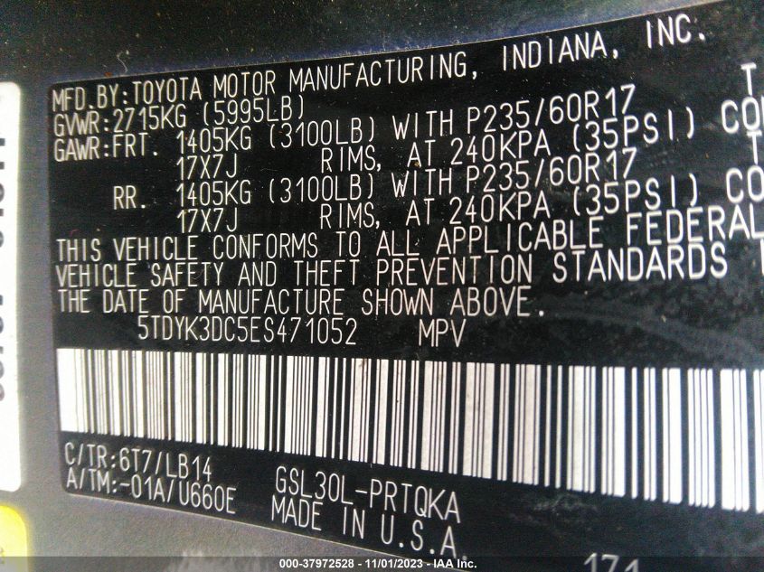 2014 TOYOTA SIENNA XLE/XLE AAS/LTD - 5TDYK3DC5ES471052