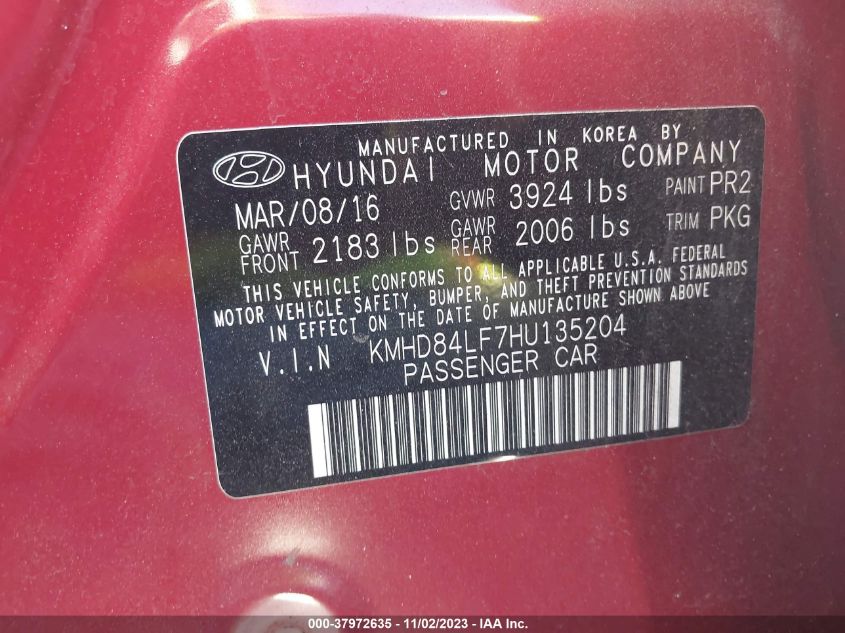 2017 HYUNDAI ELANTRA LIMITED - KMHD84LF7HU135204