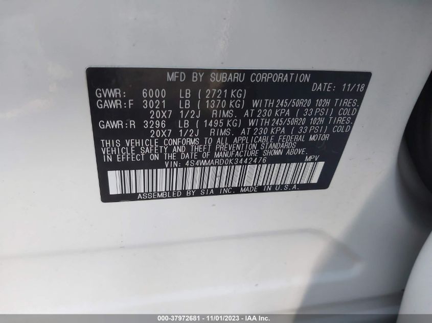 2019 SUBARU ASCENT TOURING - 4S4WMARD0K3442476