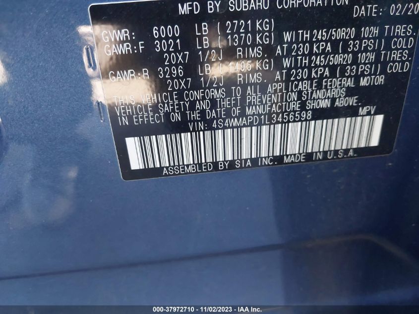 2020 SUBARU ASCENT LIMITED - 4S4WMAPD1L3456598