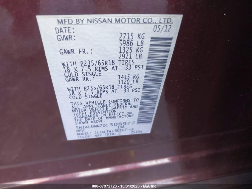 2013 INFINITI JX35 - 5N1AL0MN7DC308977