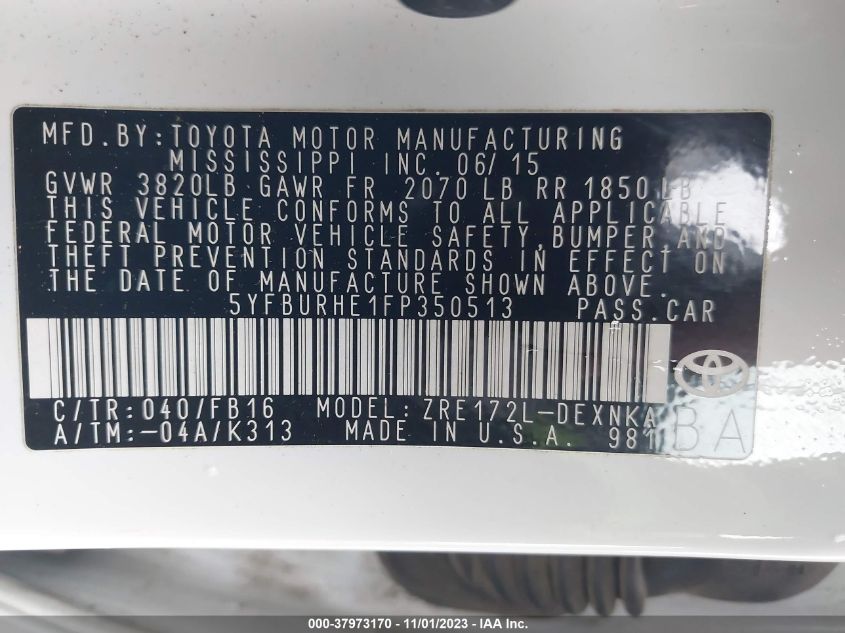 2015 TOYOTA COROLLA LE - 5YFBURHE1FP350513