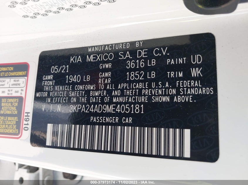 VIN 3KPA24AD9ME405181 2021 KIA RIO LX/S