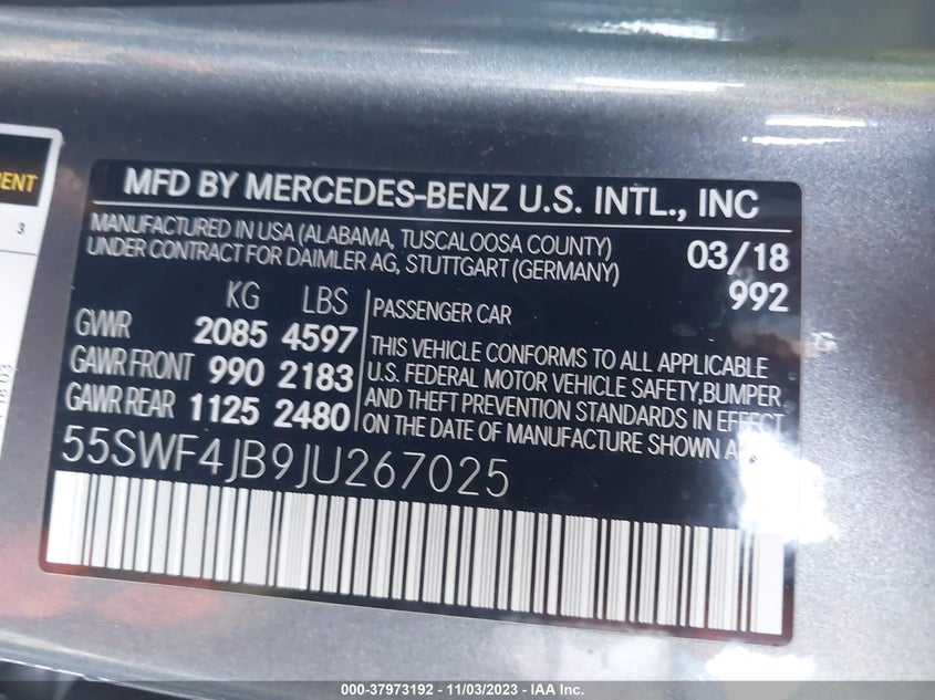 VIN 55SWF4JB9JU267025 2018 MERCEDES-BENZ C 300 300