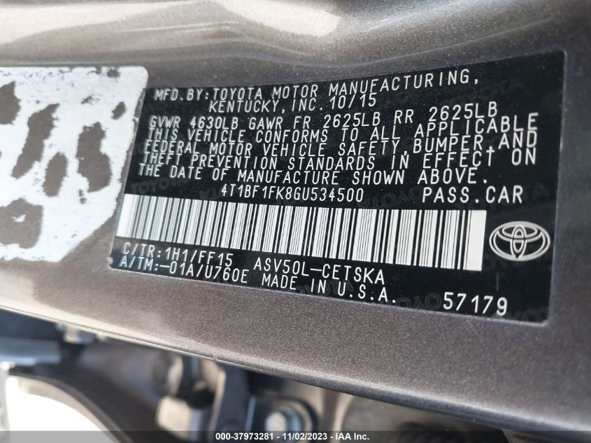 2016 TOYOTA CAMRY LE/XLE/SE/XSE - 4T1BF1FK8GU534500