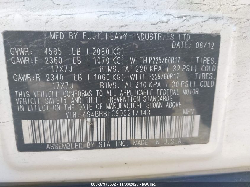2013 SUBARU OUTBACK 2.5I LIMITED - 4S4BRBLC9D3217143