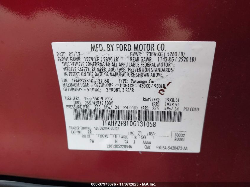 2013 FORD TAURUS LIMITED - 1FAHP2F81DG131058