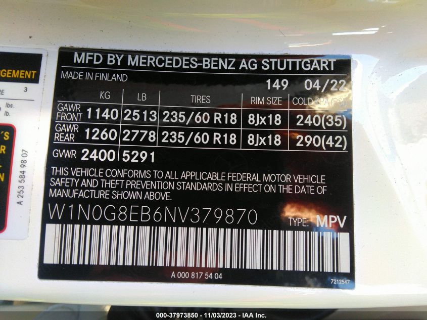 2022 MERCEDES-BENZ GLC W1N0G8EB6NV379870