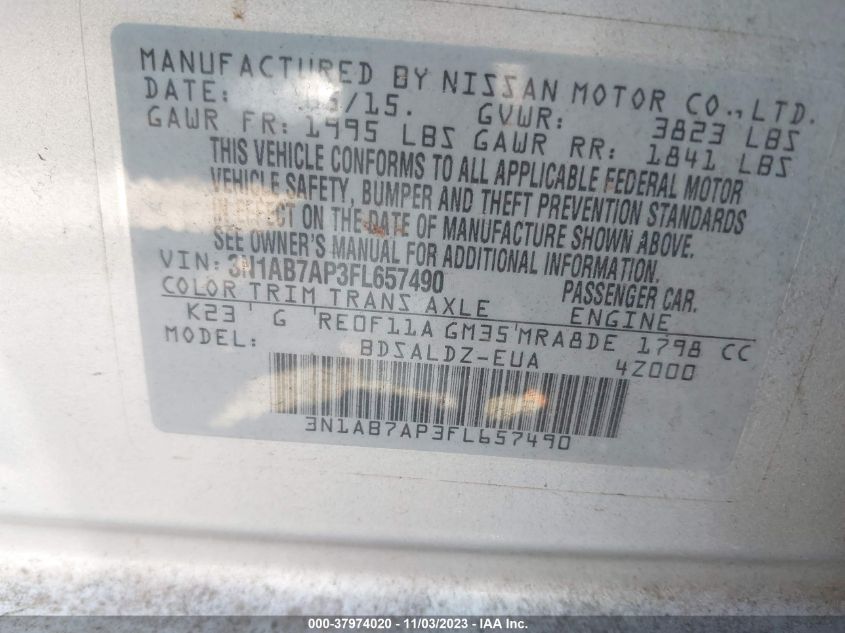 2015 NISSAN SENTRA SR/SL/S/SV/FE+ S - 3N1AB7AP3FL657490