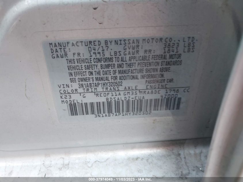2017 NISSAN SENTRA SV - 3N1AB7AP1HY320502