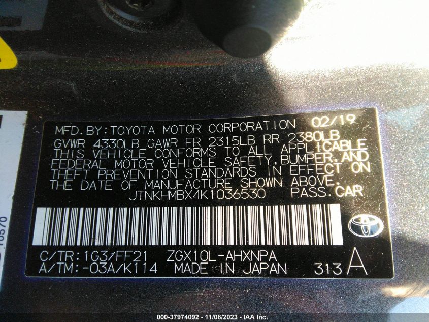 2019 TOYOTA C-HR XLE/LE/LIMITED - JTNKHMBX4K1036530