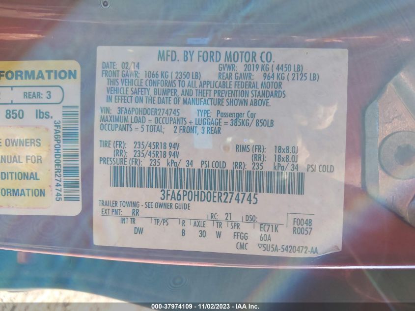 2014 FORD FUSION SE - 3FA6P0HD0ER274745