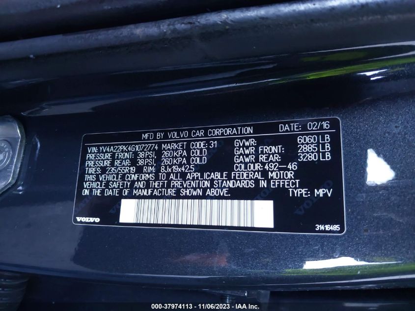 2016 VOLVO XC90 T6 - YV4A22PK4G1072774