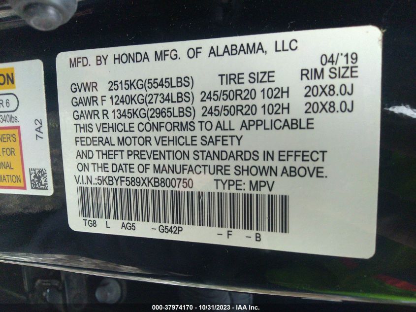2019 HONDA PILOT - 5KBYF589XK8800750