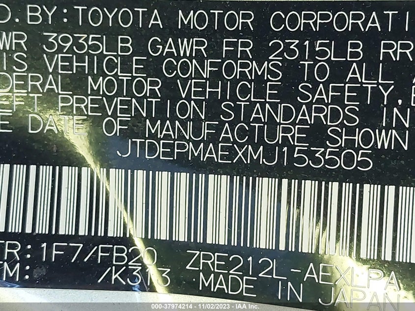 VIN JTDEPMAEXMJ153505 2021 TOYOTA COROLLA LE