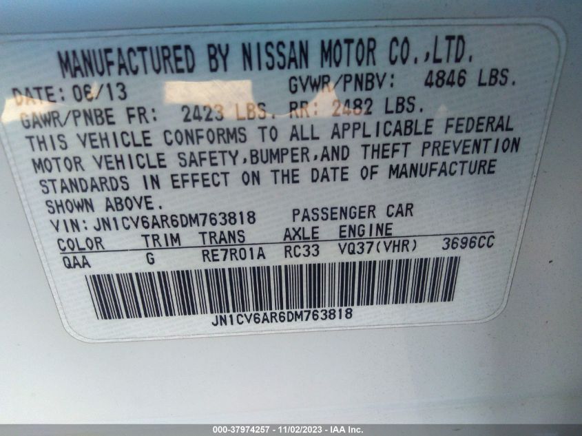 2013 INFINITI G37X X - JN1CV6AR6DM763818