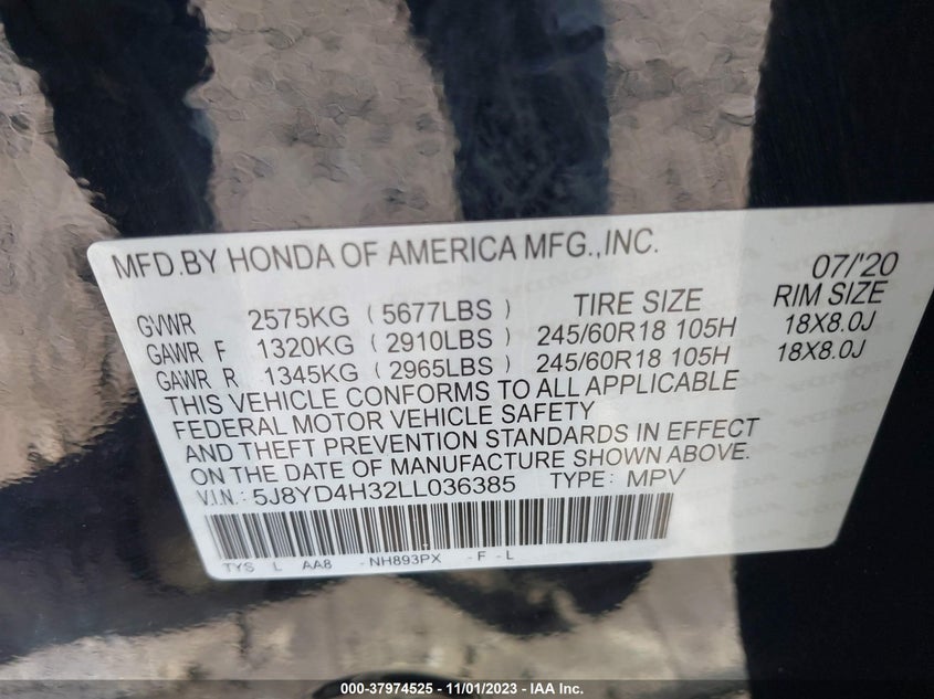 VIN 5J8YD4H32LL036385 2020 ACURA MDX STANDARD