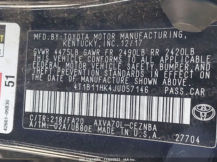 2018 TOYOTA CAMRY L/LE/XLE/SE/XSE - 4T1B11HK4JU057146