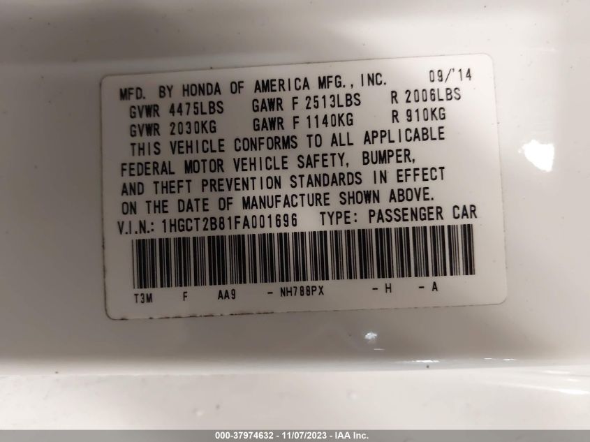 2015 HONDA ACCORD EX-L V-6 - 1HGCT2B81FA001696