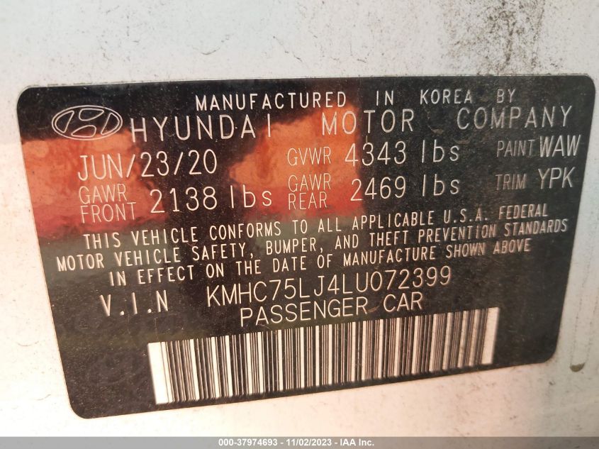2020 HYUNDAI IONIQ ELECTRIC SE KMHC75LJ4LU072399