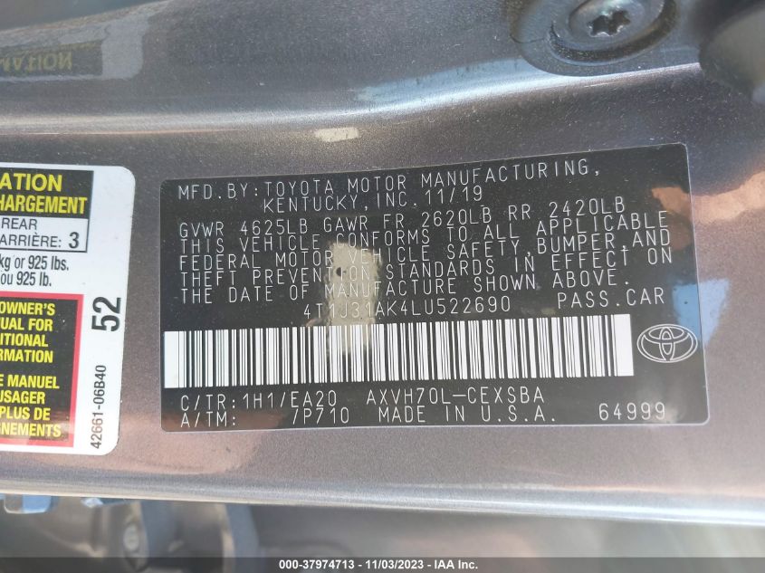 2020 TOYOTA CAMRY HYBRID SE - 4T1J31AK4LU522690
