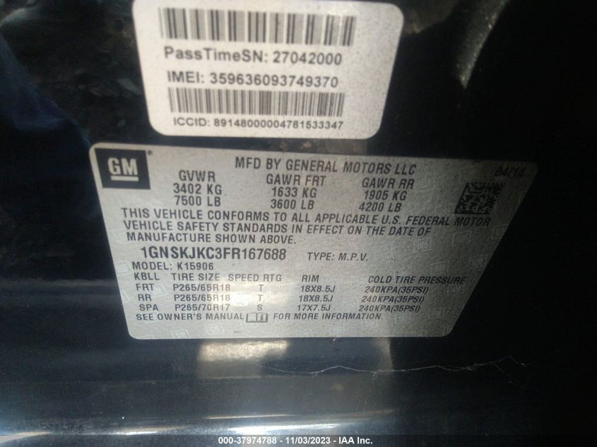 2015 CHEVROLET SUBURBAN LT - 1GNSKJKC3FR167688