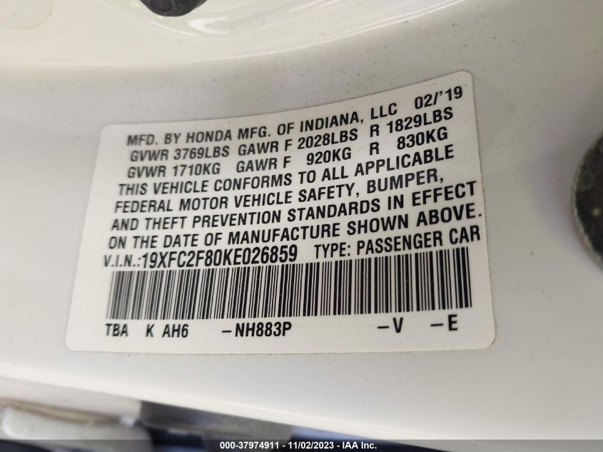 2019 HONDA CIVIC SPORT - 19XFC2F80KE026859