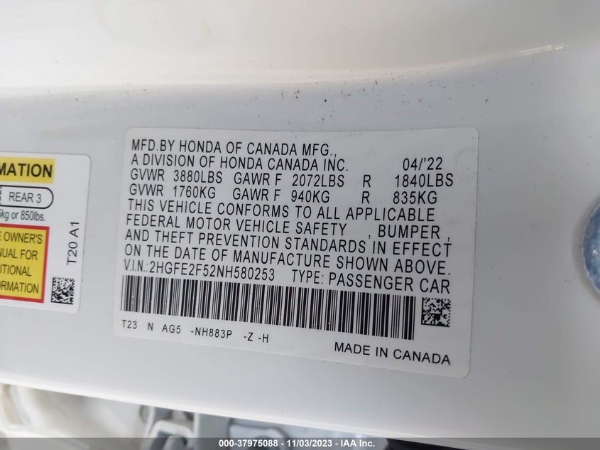 VIN 2HGFE2F52NH580253 2022 HONDA CIVIC SPORT