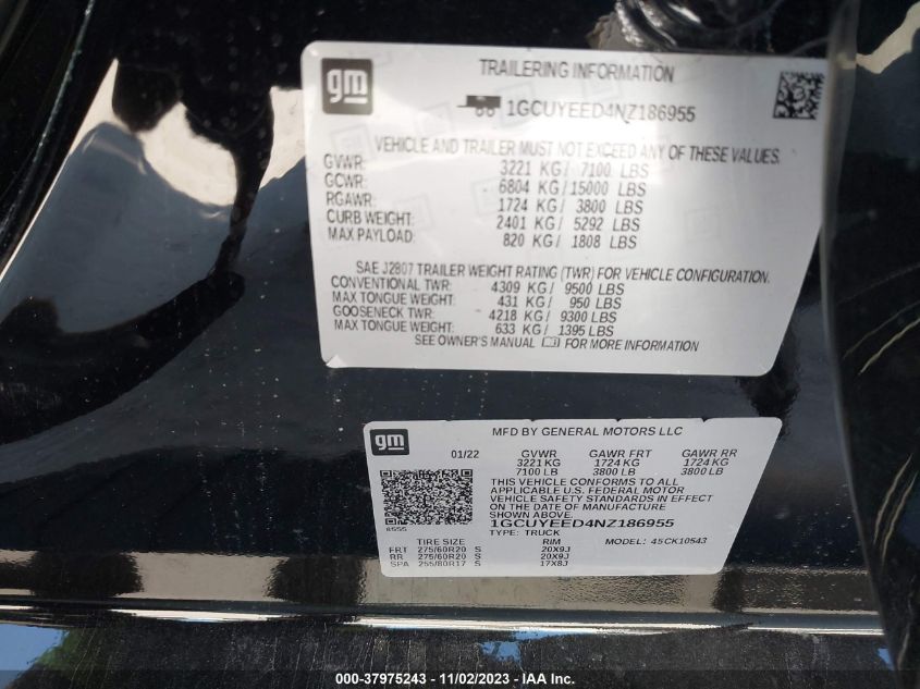 2022 CHEVROLET SILVERADO 1500 LTD 4WD  SHORT BED RST 1GCUYEED4NZ186955