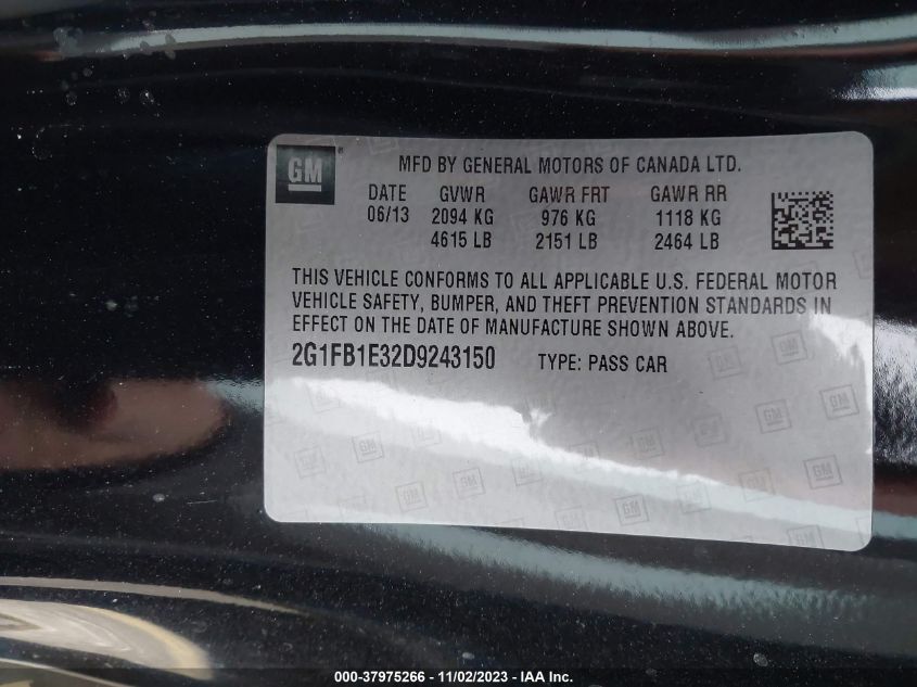 2013 CHEVROLET CAMARO LT - 2G1FB1E32D9243150