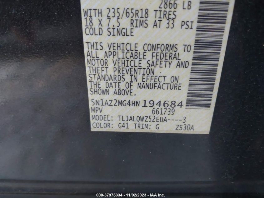 2017 NISSAN MURANO S/SL/SV/PLATINUM - 5N1AZ2MG4HN194684