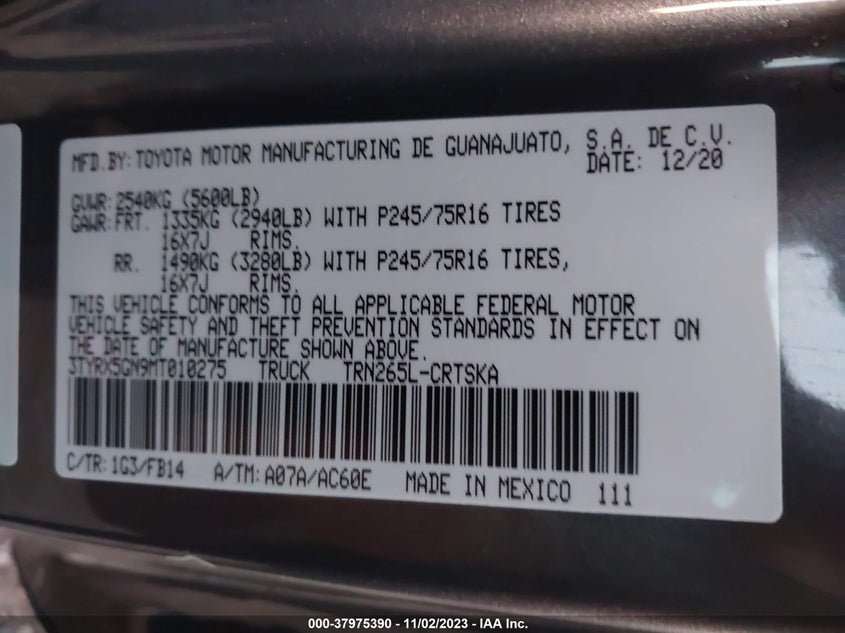VIN 3TYRX5GN9MT010275 2021 TOYOTA TACOMA ACCESS CAB/SR/SR5