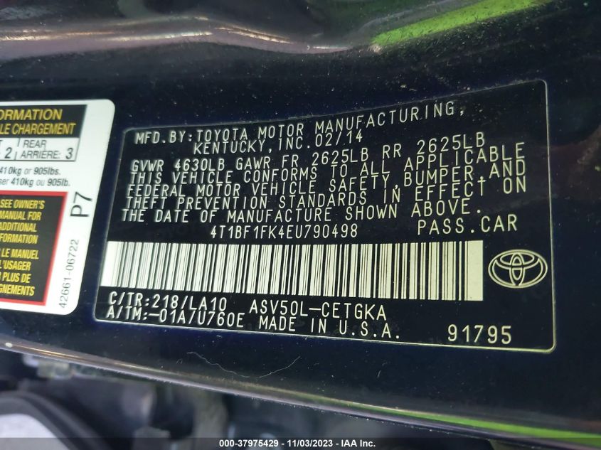 2014 TOYOTA CAMRY XLE - 4T1BF1FK4EU790498