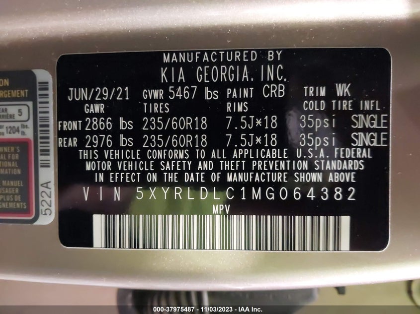 VIN 5XYRLDLC1MG064382 2021 KIA SORENTO S