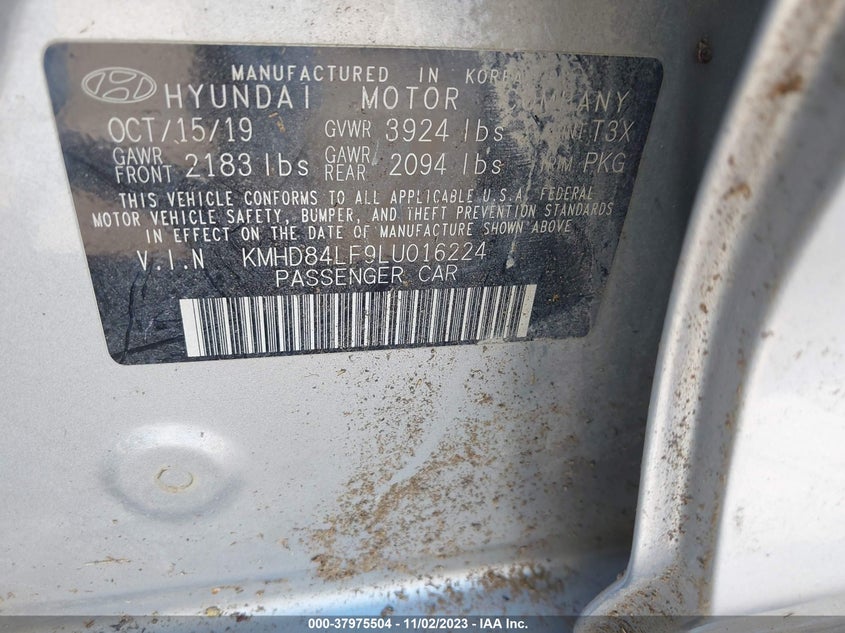 VIN KMHD84LF9LU016224 2020 HYUNDAI ELANTRA SEL