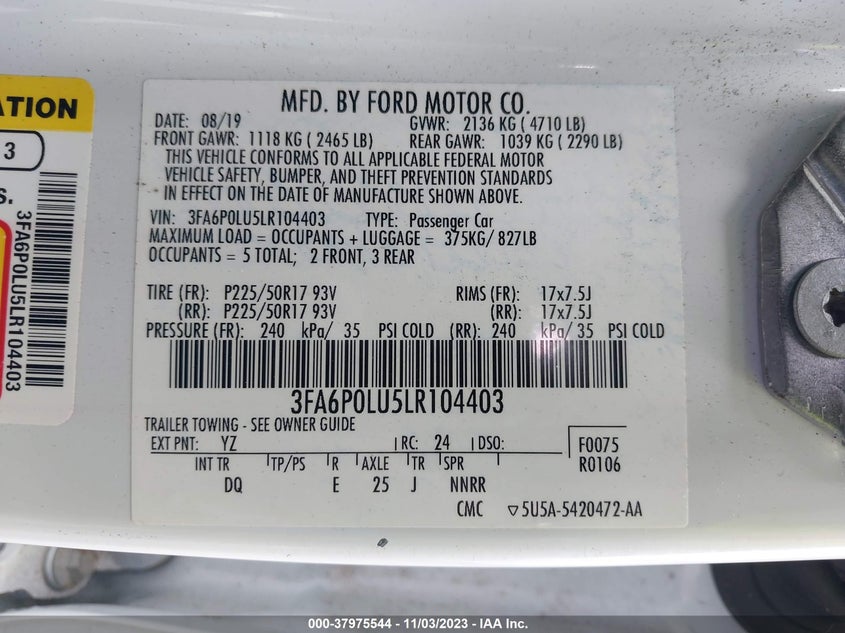 VIN 3FA6P0LU5LR104403 2020 FORD FUSION HYBRID SE