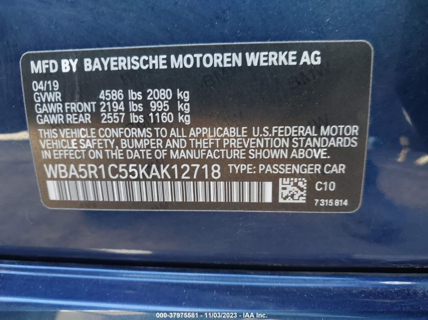 2019 BMW 330I WBA5R1C55KAK12718