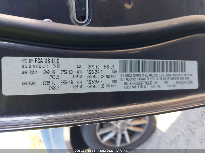 2015 DODGE JOURNEY SXT - 3C4PDCBG9FT743637