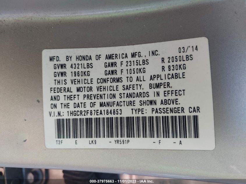 2014 HONDA ACCORD SEDAN EX-L - 1HGCR2F87EA184853