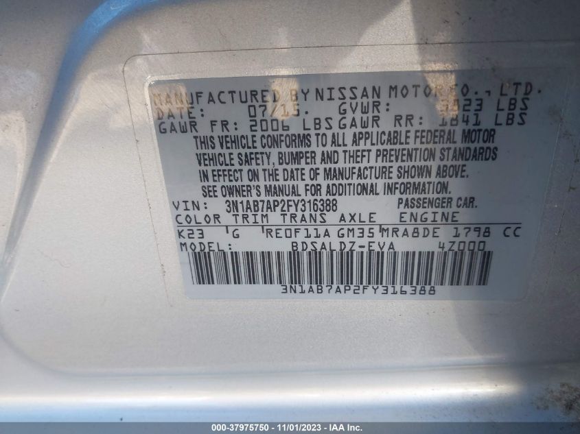 2015 NISSAN SENTRA SV - 3N1AB7AP2FY316388