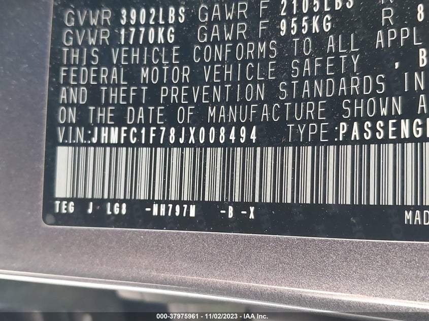 VIN JHMFC1F78JX008494 2018 HONDA CIVIC EX-L