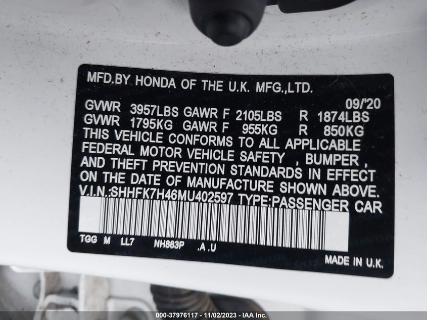 VIN SHHFK7H46MU402597 2021 HONDA CIVIC SPORT