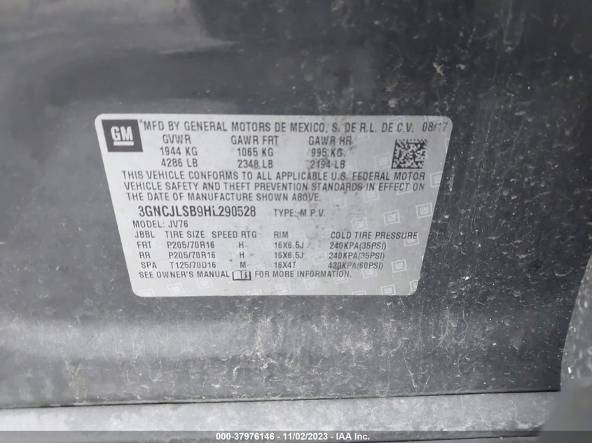 VIN 3GNCJLSB9HL290528 2017 CHEVROLET TRAX 1LT