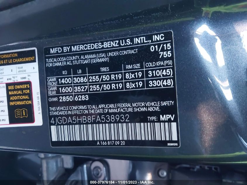 2015 MERCEDES-BENZ M-CLASS ML 350 4JGDA5HB8FA538932